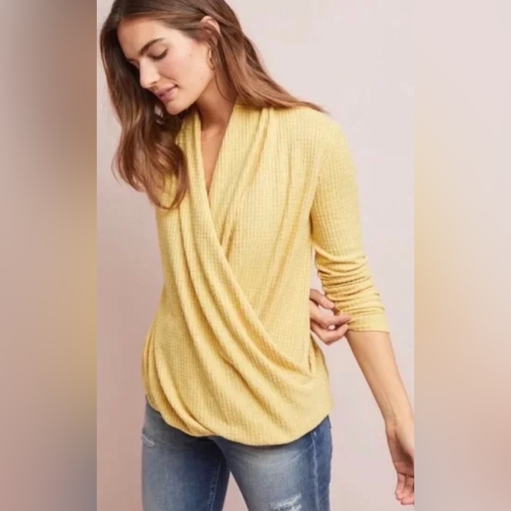 Anthropologie Akemi + Kin Woodruff Waffle Knit Wrap Long Sleeve Top Maize size L